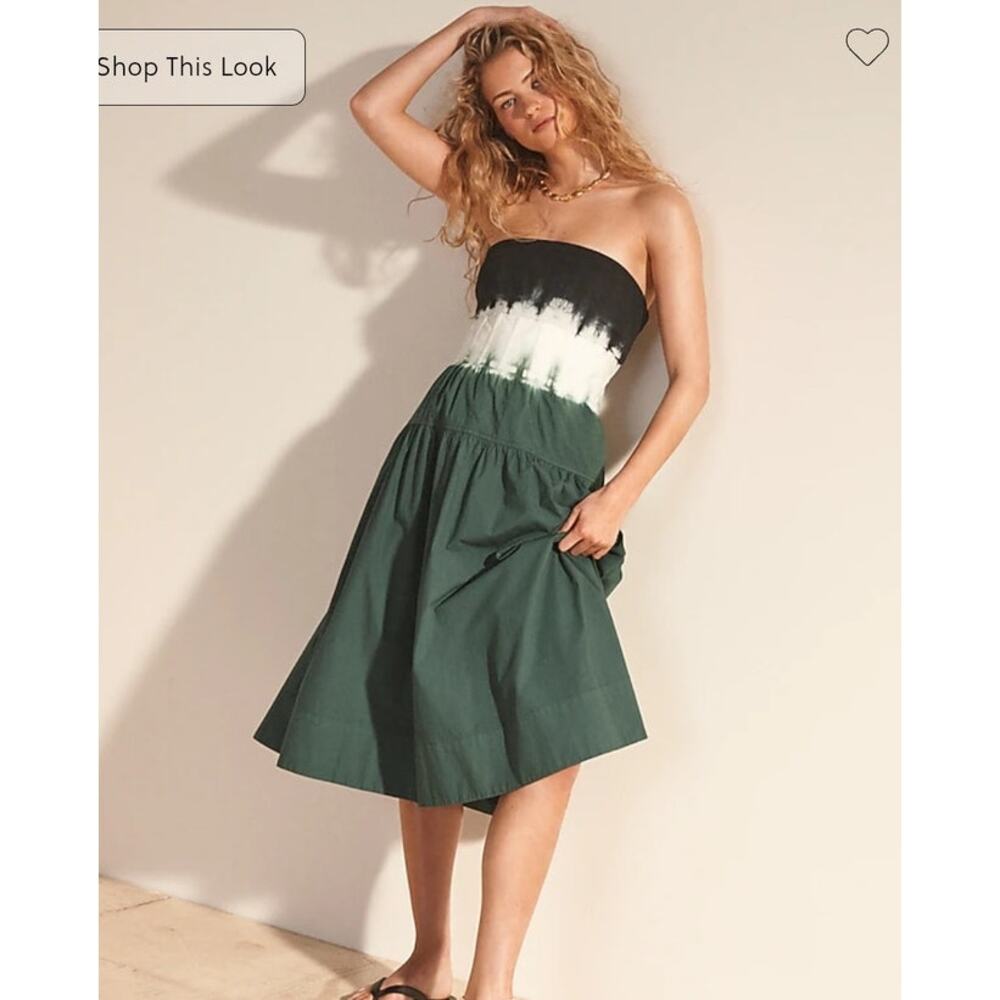 J. Crew Factory Strapless Tie-Dye Midi Dress in Black, White & Forest Green